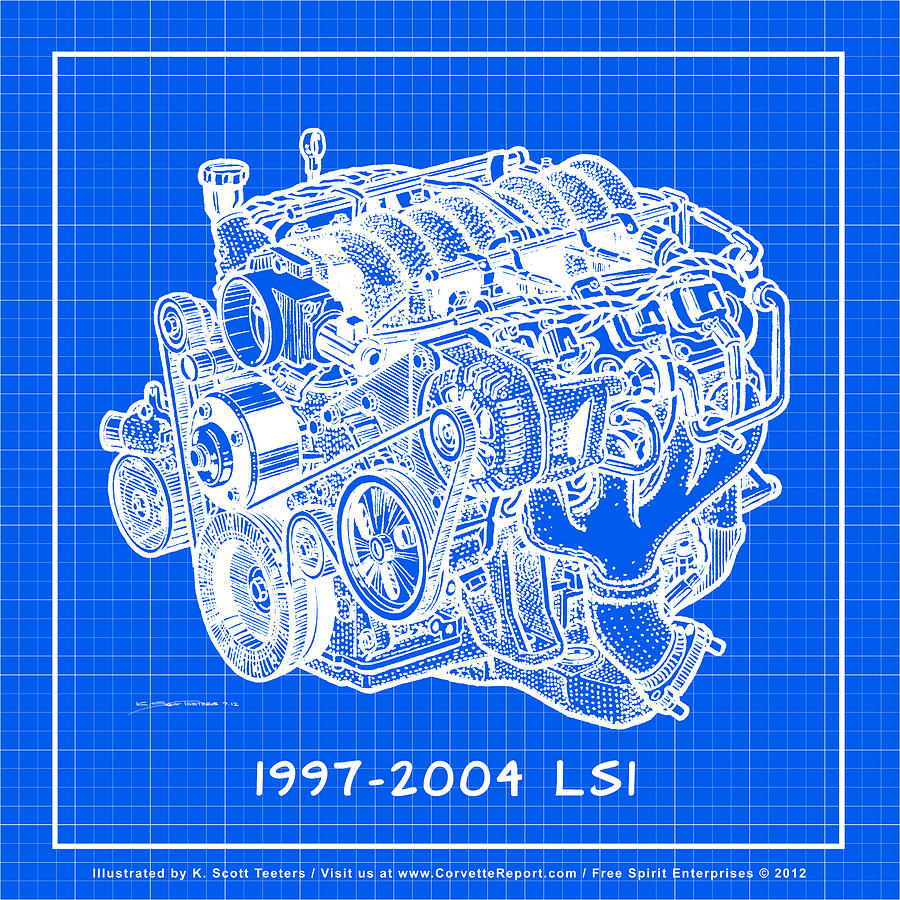 1997 - 2004 LS1 Corvette Engine Reverse Blueprint Drawing by K Scott Teeters