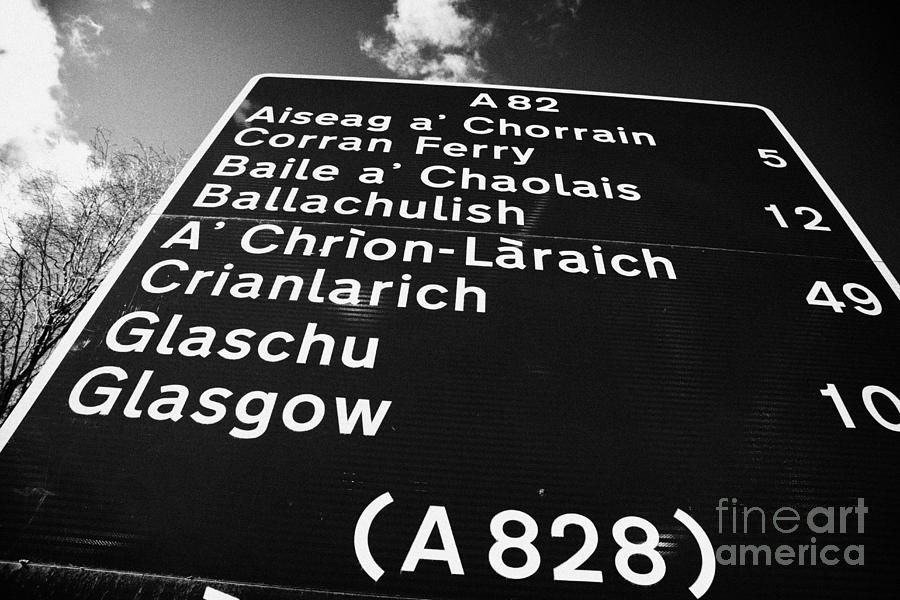 Sign Photograph - A82 bi-lingual scottish gaelic english roadsign Scotland uk #2 by Joe Fox