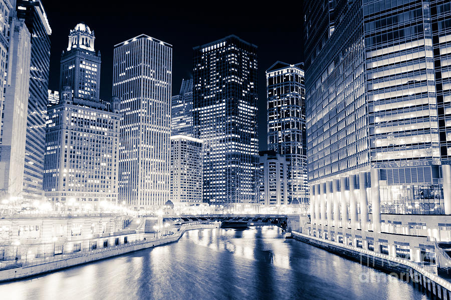 Chicago Photograph - Chicago River Buildings at Night #2 by Paul Velgos