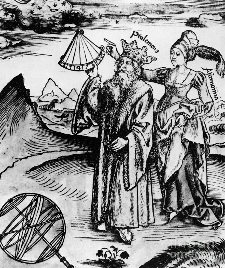 Woodcut portrait of Claudius Ptolemy (90-168AD) & Astronomia the