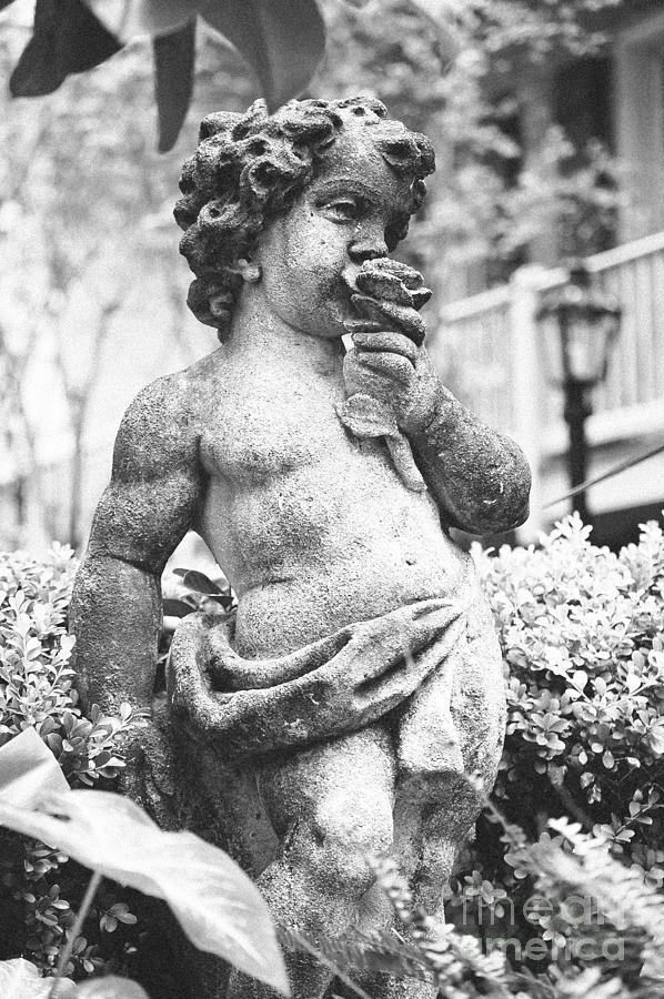 Courtyard Statue of a Cherub French Quarter New Orleans Black and White Film Grain Digital Art #3 Photograph by Shawn OBrien