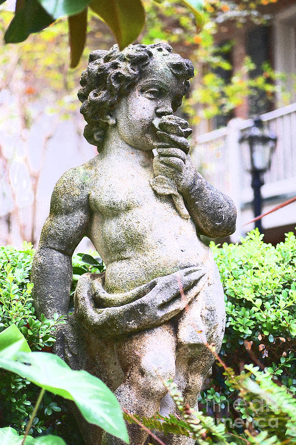 Courtyard Statue of a Cherub Smelling a Rose French Quarter New Orleans Film Grain Digital Art #1 Photograph by Shawn OBrien