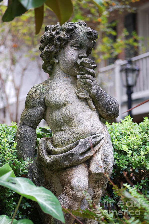 Courtyard Statue of a Cherub Smelling a Rose French Quarter New Orleans  #3 Photograph by Shawn OBrien