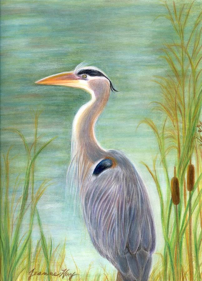Great Blue Heron Watches by Pond #2 Painting by Jeanne Juhos