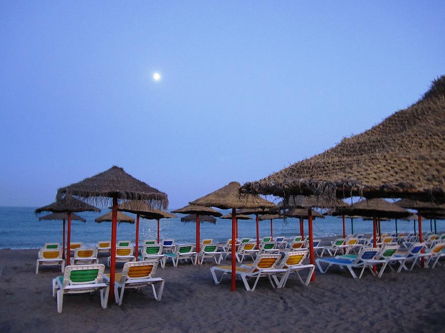 Moon Light Beach Umbrellas and Chairs Costa Del Sol Spain #2 Photograph by John Shiron