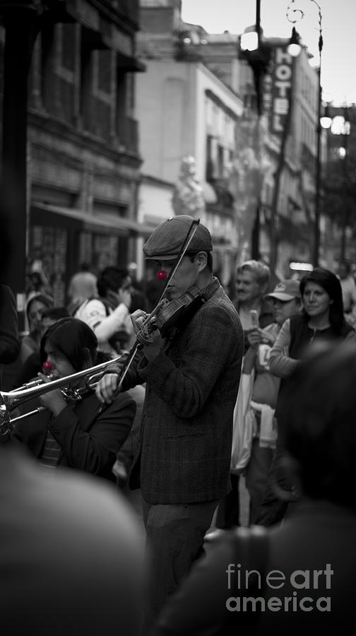 Black And White Photograph - Red-Nosed Buskers #2 by L E Jimenez