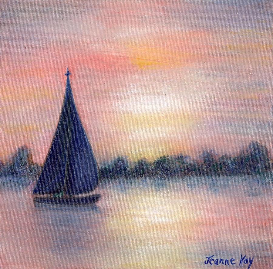 Sailboat at Sunset #2 Painting by Jeanne Juhos