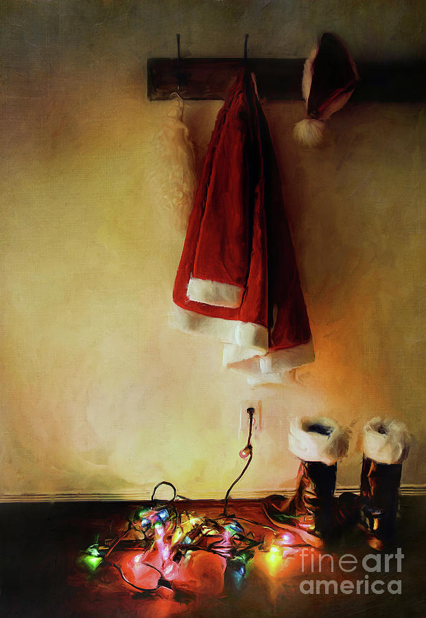 Boot Photograph - Santa costume hanging on coat hook /Digital Painting  #1 by Sandra Cunningham