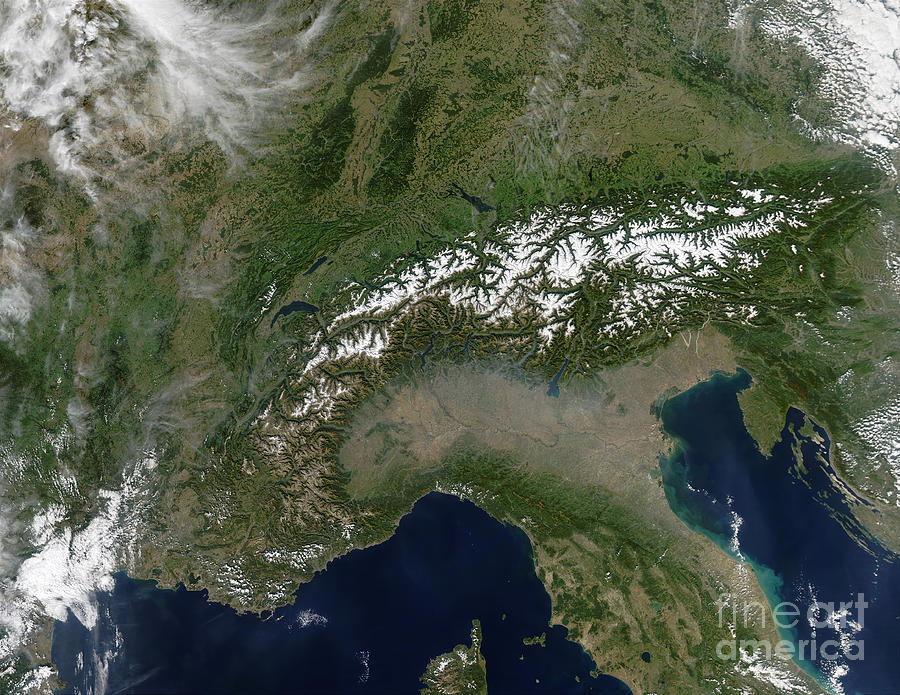 Space Photograph - Satellite View Of The Alps #2 by Stocktrek Images