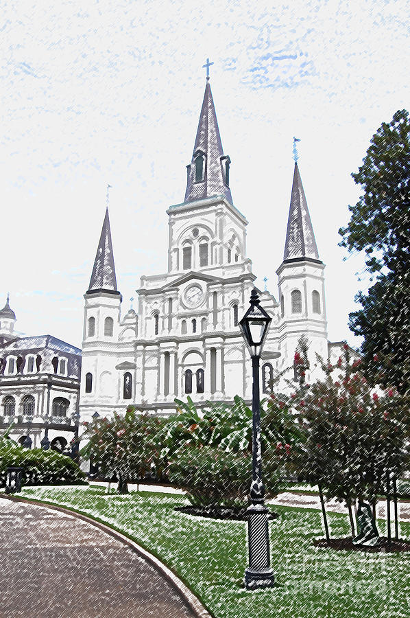 St Louis Cathedral Jackson Square French Quarter New Orleans Colored Pencil Digital Art  #3 Digital Art by Shawn OBrien