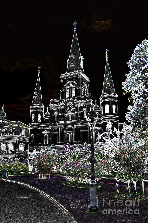 St Louis Cathedral Jackson Square French Quarter New Orleans Glowing Edges Digital Art  #1 Digital Art by Shawn OBrien