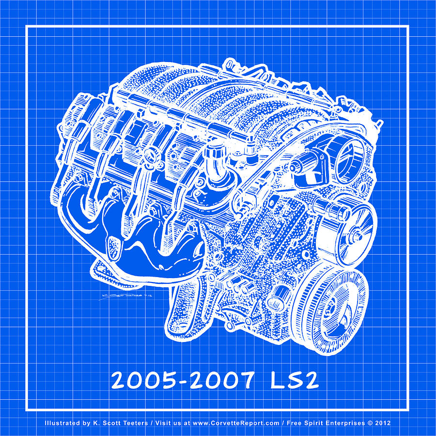 2005 - 2007 LS2 Corvette Engine Reverse Blueprint Drawing by K Scott Teeters