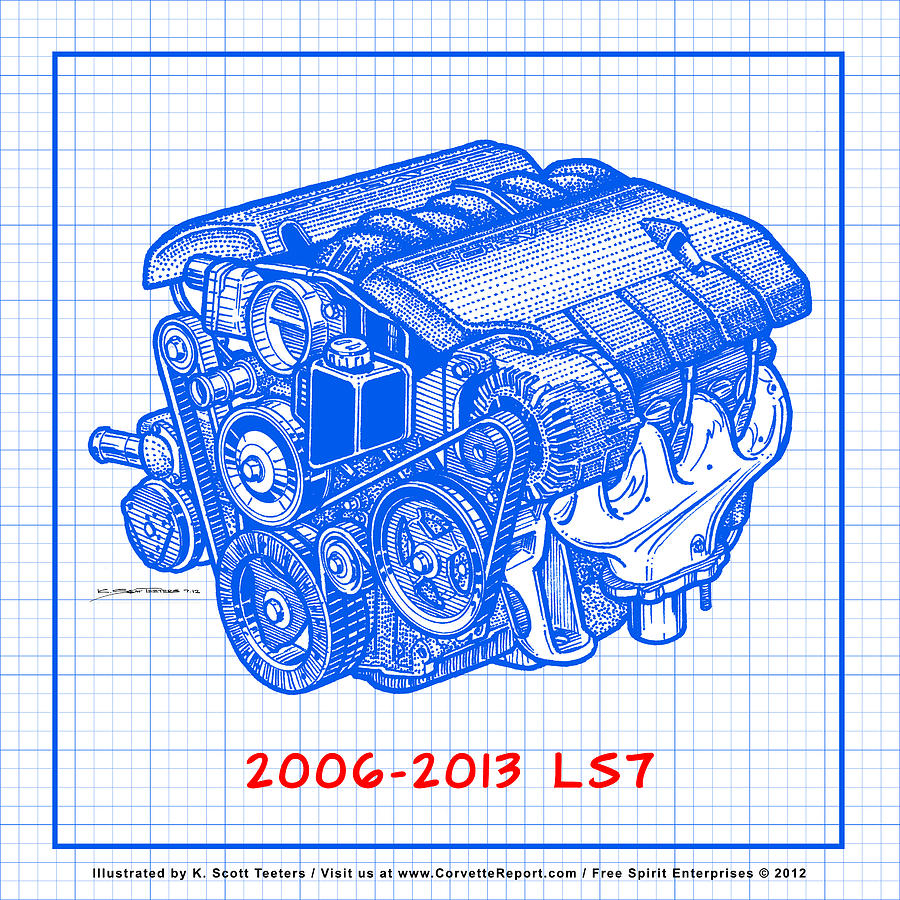 2006 - 2013 Z06 LS7 Corvette Engine Blueprint Drawing by K Scott Teeters