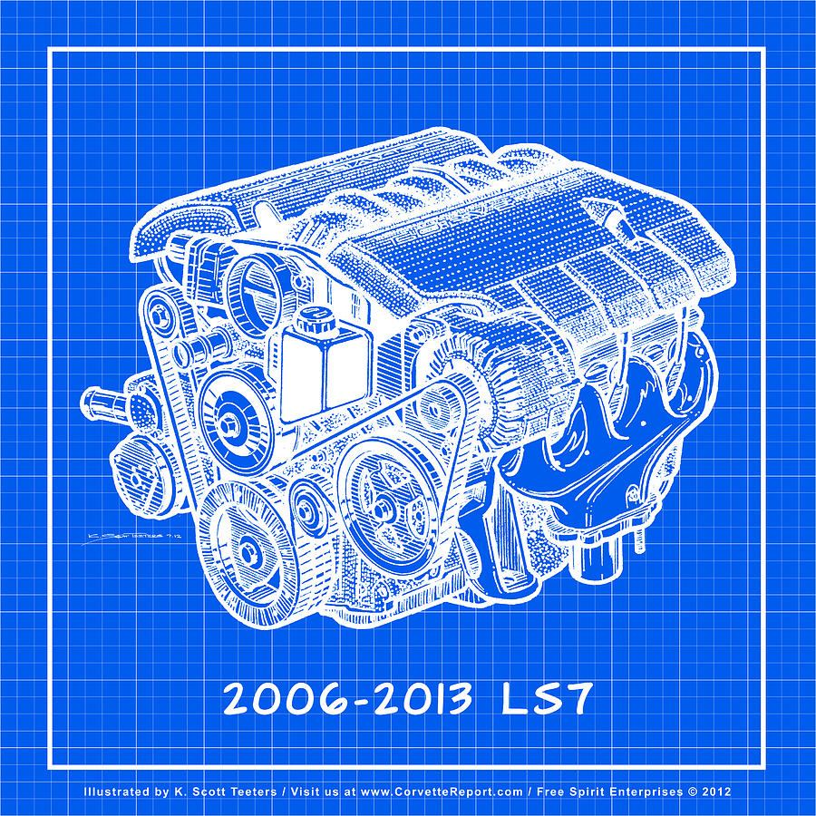 2006 - 2013 Z06 LS7 Corvette Engine Reverse Blueprint Drawing by K Scott Teeters