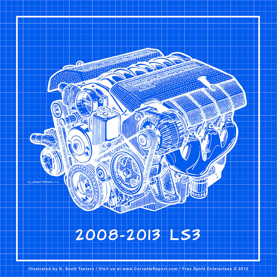 2008-2013 LS3 Corvette Engine Reverse Blueprint Drawing by K Scott Teeters