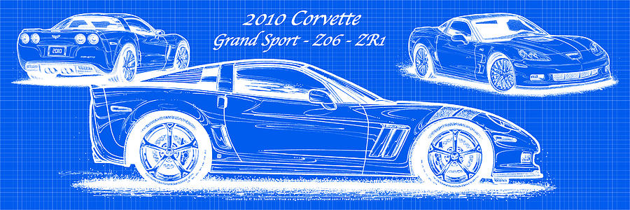 2010 Corvette Grand Sport - Z06 - ZR1 Reverse Blueprint Digital Art by K Scott Teeters