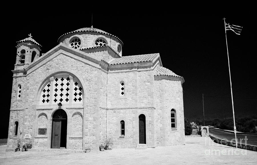 Greek Photograph - 20th Century Agios Georgios Church With Greek Flag Flying In St Georges Bay Near Pegeias Cyprus by Joe Fox