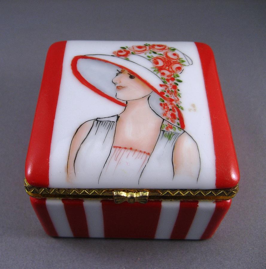Porcelain Ceramic Art - 236 hinged box Lady in red. by Wilma Manhardt