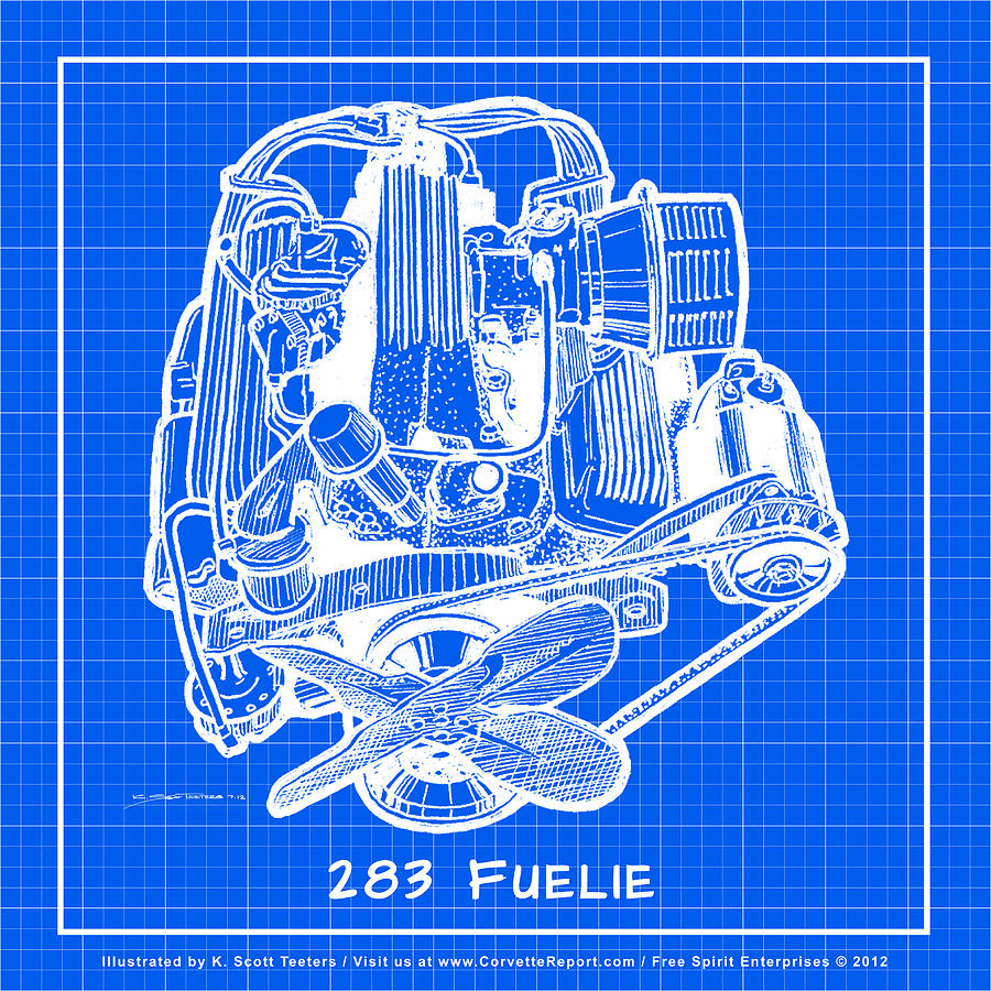 283 Corvette Fuelie Reverse Blueprint Drawing by K Scott Teeters