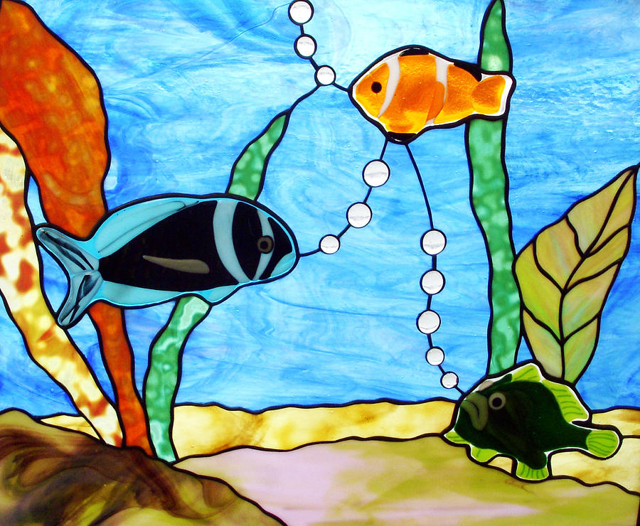 Fish Glass Art - 3 Fishes in the Sea by Jane Croteau