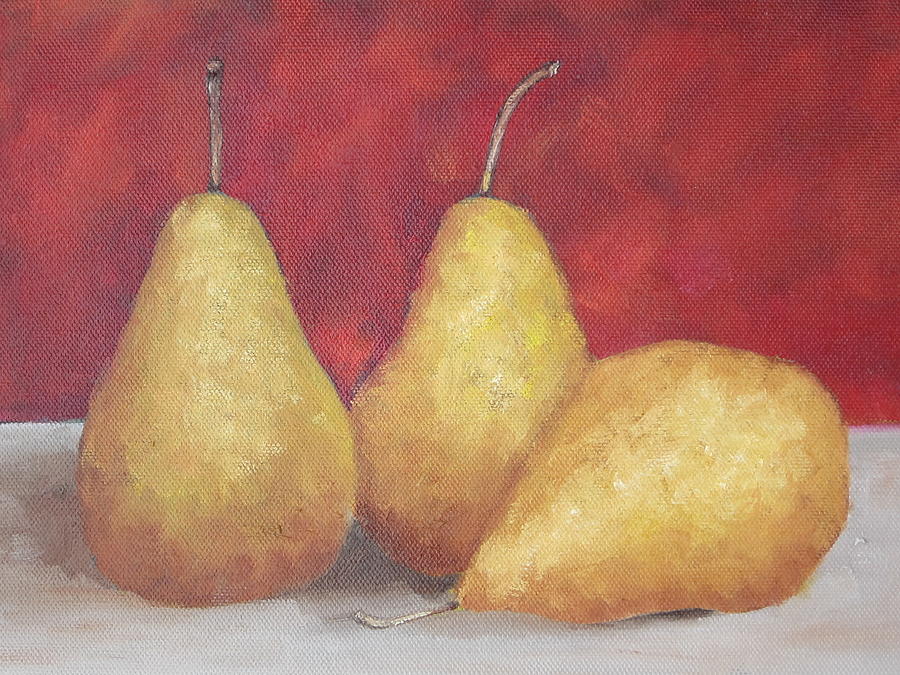 Pear Painting - 3 golden Pears on red by Patricia Cleasby