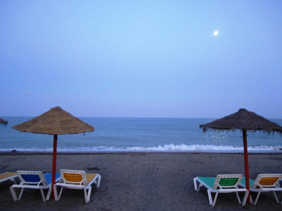 Moon Lit Beach Umbrellas and Chairs Costa Del Sol Spain #3 Photograph by John Shiron