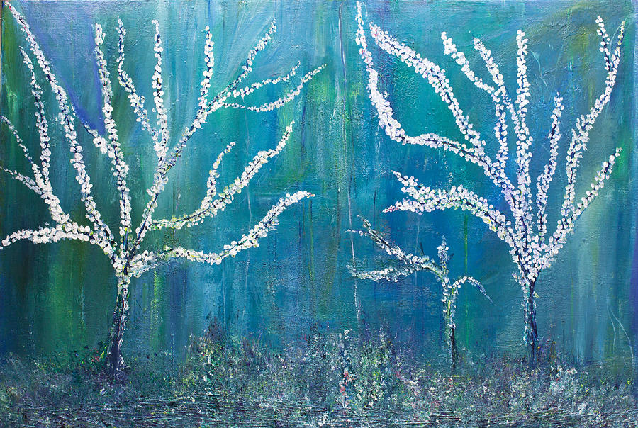 3 White Trees Painting by Dolores Deal
