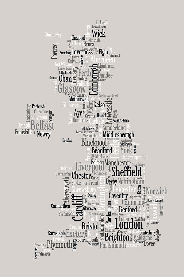 Typography Digital Art - Great Britain UK City Text Map #4 by Michael Tompsett