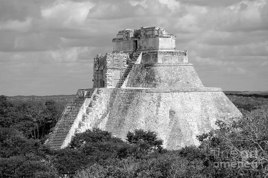 Mayan Digital Art - Pyramid of the Magician at Uxmal Mexico Black and White #1 by Shawn OBrien