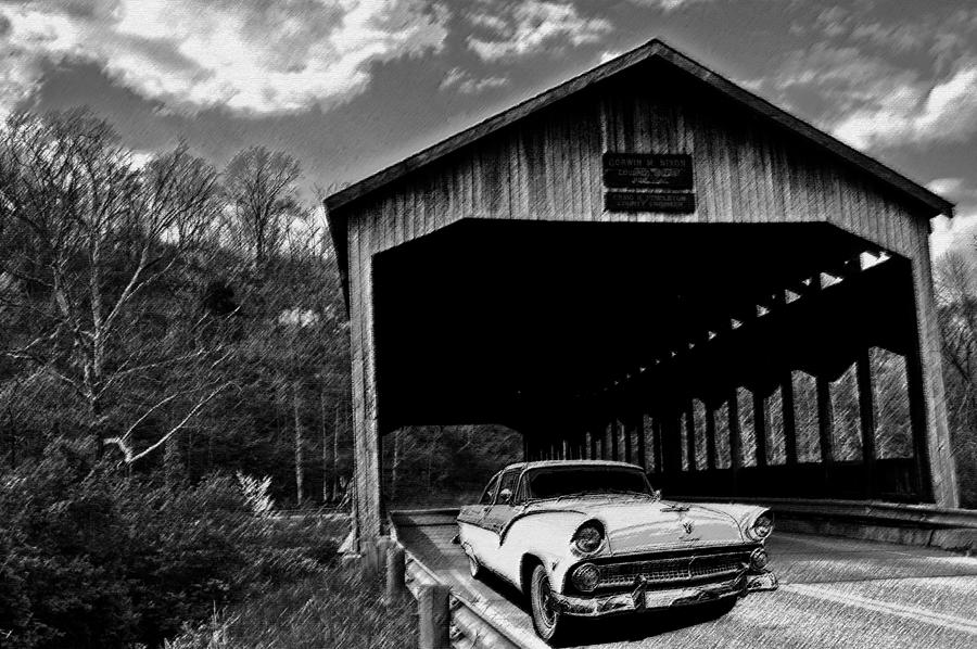 56 Ford Photograph - 56 Ford Coming Thru Covered Bridge by Randall Branham