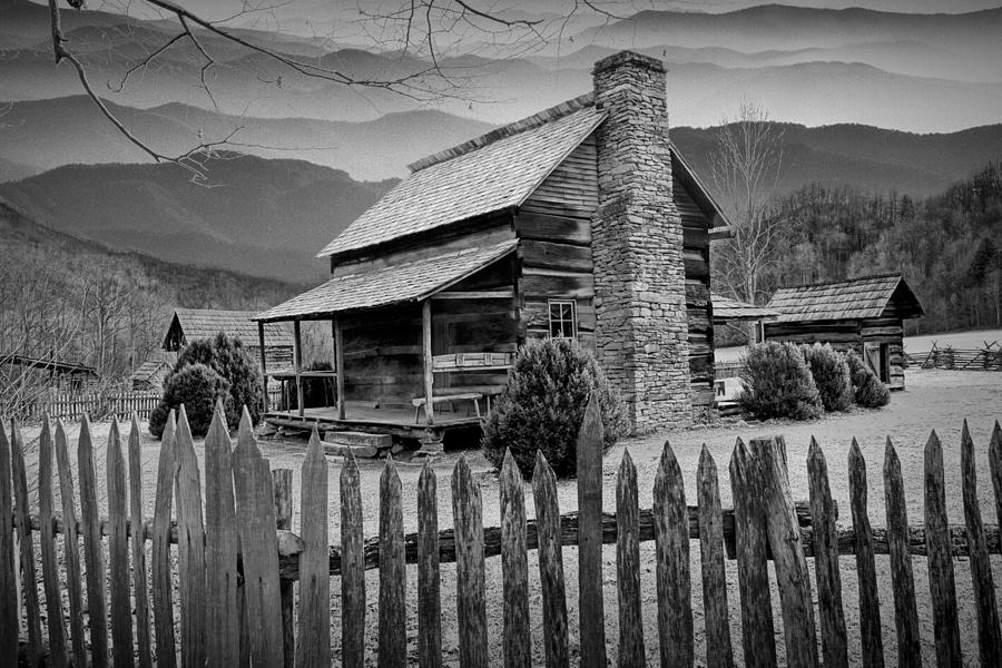 A Black and White Photograph of an Appalachian Mountain Cabin Photograph by Randall Nyhof