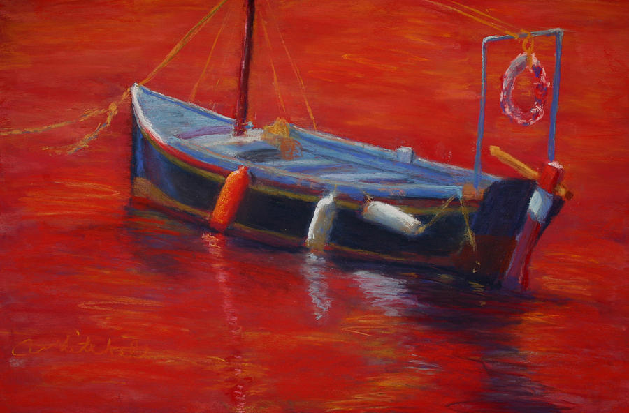 A Boat In Red Water Painting by Cheryl Whitehall
