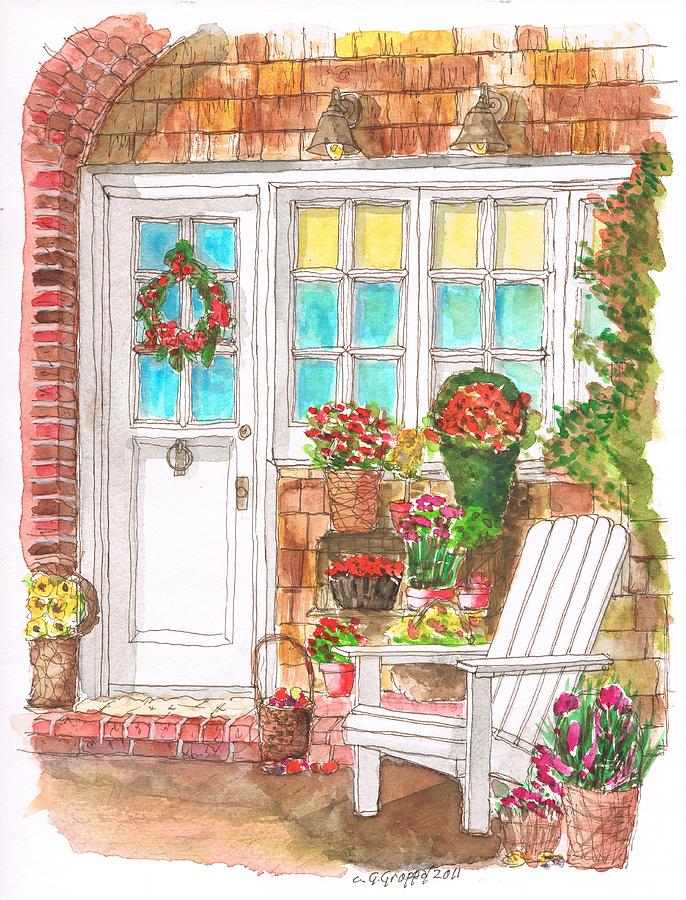A door with a chair and a lot of flowers Painting by Carlos G Groppa