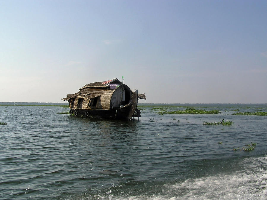 A houseboat moving placidly through a coastal lagoon in Alleppey Photograph by Ashish Agarwal