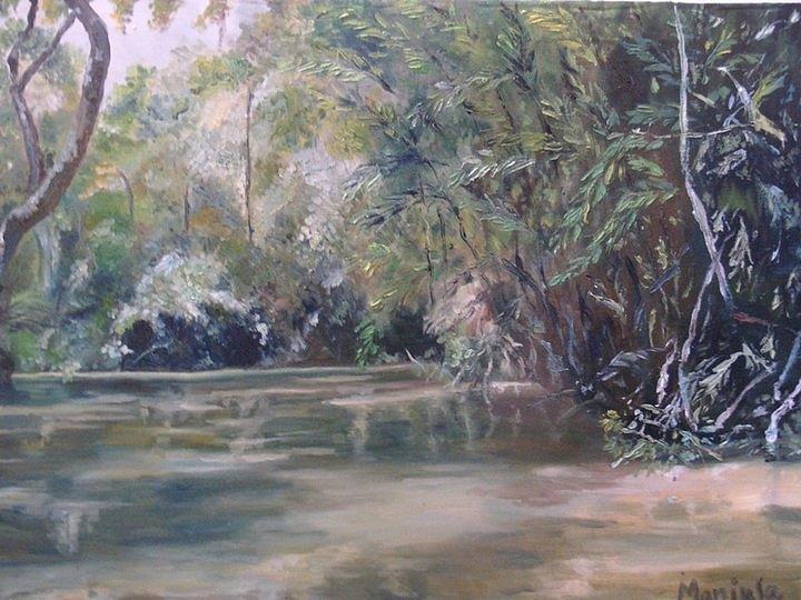Tree Painting - A lake in a forest by Manjula Prabhakaran Dubey