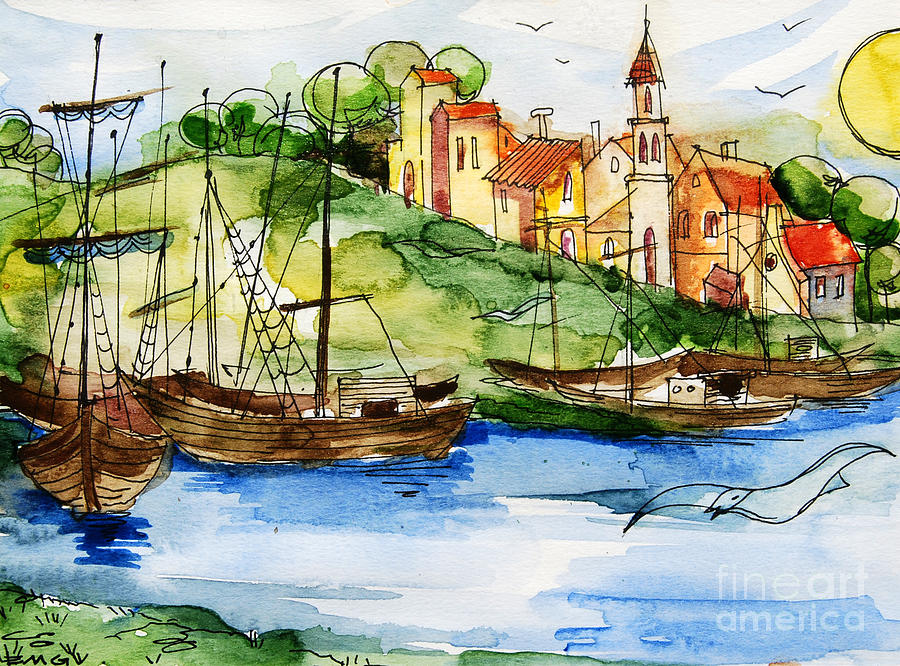 A Little Fishermans Village Painting by Mona Edulesco