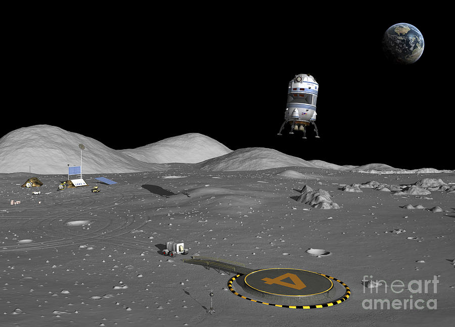 Space Exploration Digital Art - A Lunar Shuttle Descends by Walter Myers Space Exploration Digital Art - A Lunar Shuttle Descends by Walter Myers