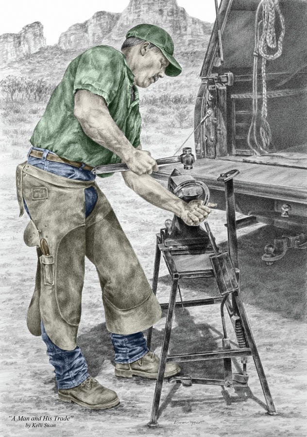 Black And White Drawing - A Man and His Trade - Farrier Art Print color tinted by Kelli Swan