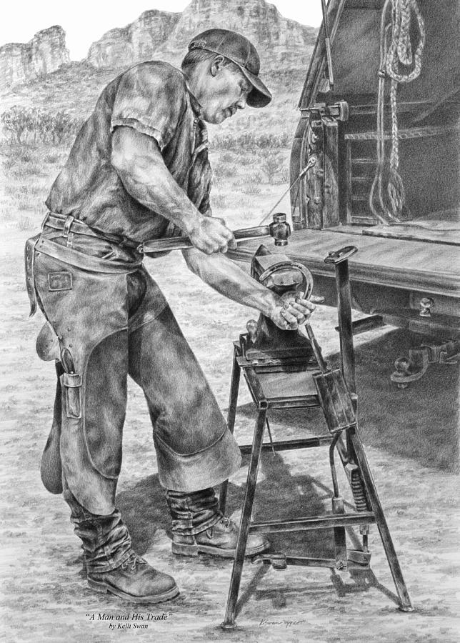 Black And White Drawing - A Man and His Trade - Farrier Art Print by Kelli Swan