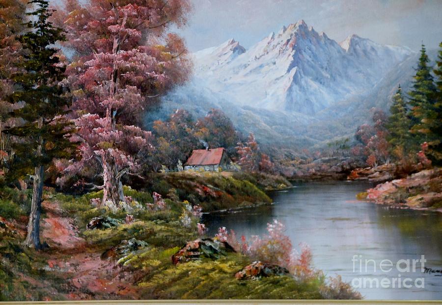 Winter Painting - A Mountain Scene Doted With Pink by Mary Lou Meyer