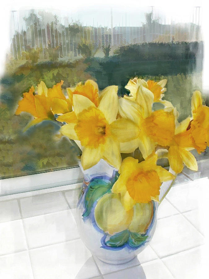Flower Painting - A Pitcher of Yellow Daffodils in the Window by Elaine Plesser