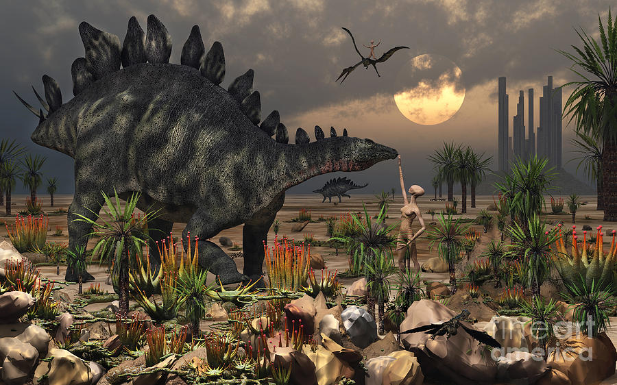 Dinosaur Digital Art - A Reptoid Being And A Stegosaurus by Mark Stevenson