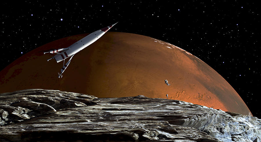 A Spaceship In Orbit Over Mars Moon Digital Art by Frank Hettick