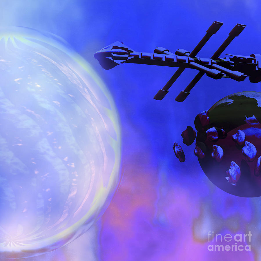 A Spaceship Passes A Moon And Orbiting Digital Art by Corey Ford