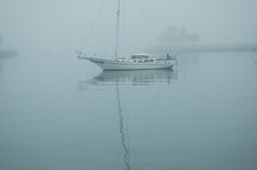 Boat Photograph - A Still Gray Sailboat Waterscape by Jennifer Holcombe