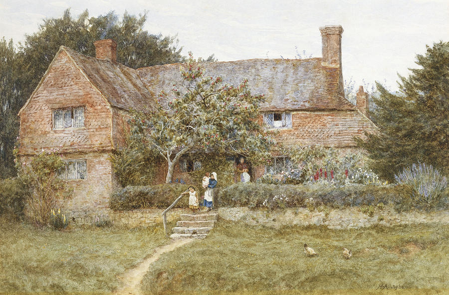 Helen Allingham Painting - A Surrey Cottage with a Mother and her Children by Helen Allingham
