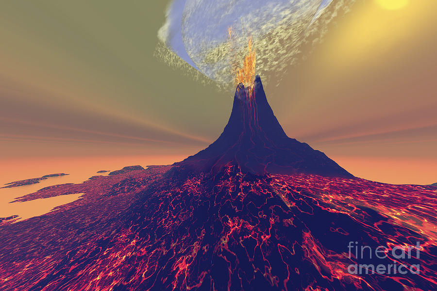 A Volcano Erupts With Smoke, Fire Digital Art
