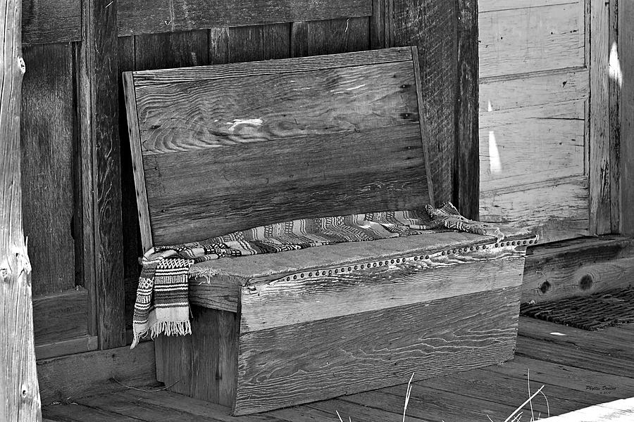 Still Life Photograph - A Weathered Bench Black And White by Phyllis Denton