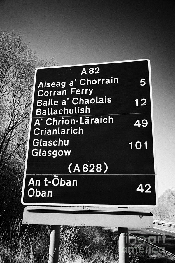 Sign Photograph - A82 bi-lingual scottish gaelic english roadsign Scotland uk by Joe Fox
