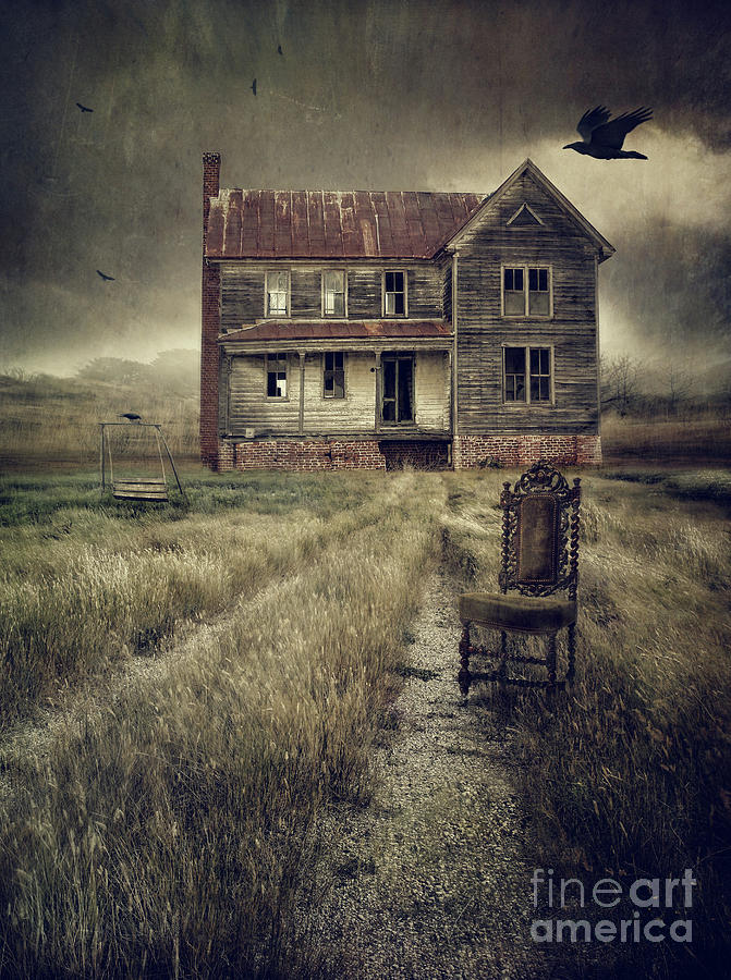 Abandoned eerie farmhouse with dark clouds Photograph by Sandra Cunningham